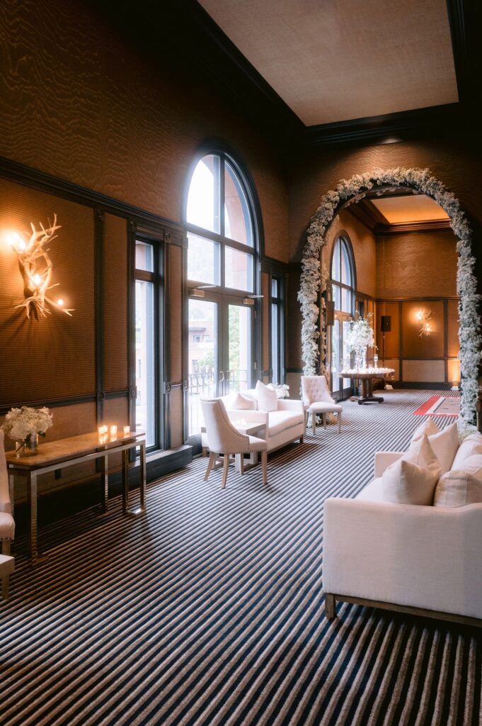 gathering area inside hotel jerome in aspen durring an aspen wedding at hotel jerome