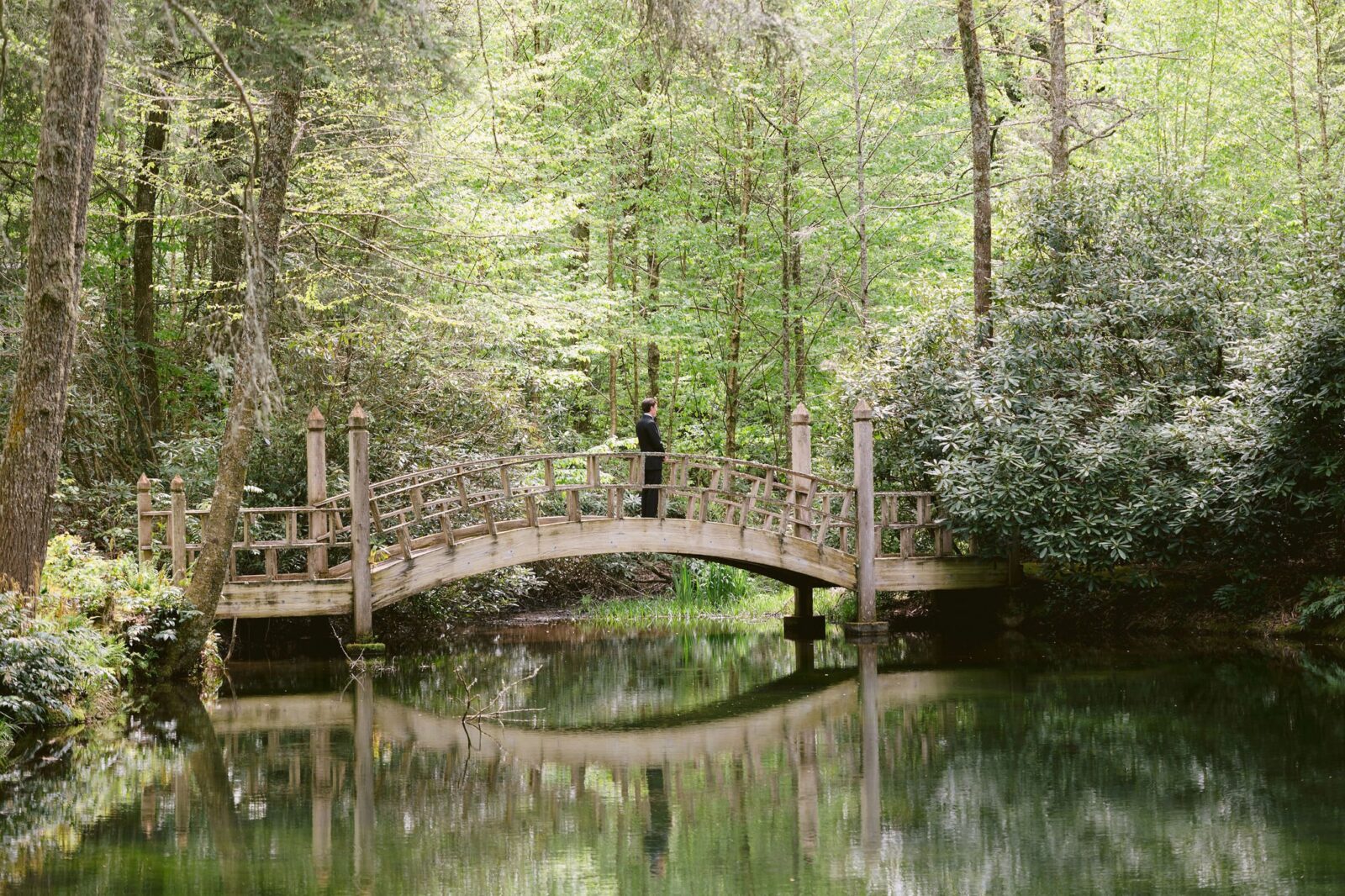 groom standing on small footbridge overlooking the pond at old edwards in wedding venue