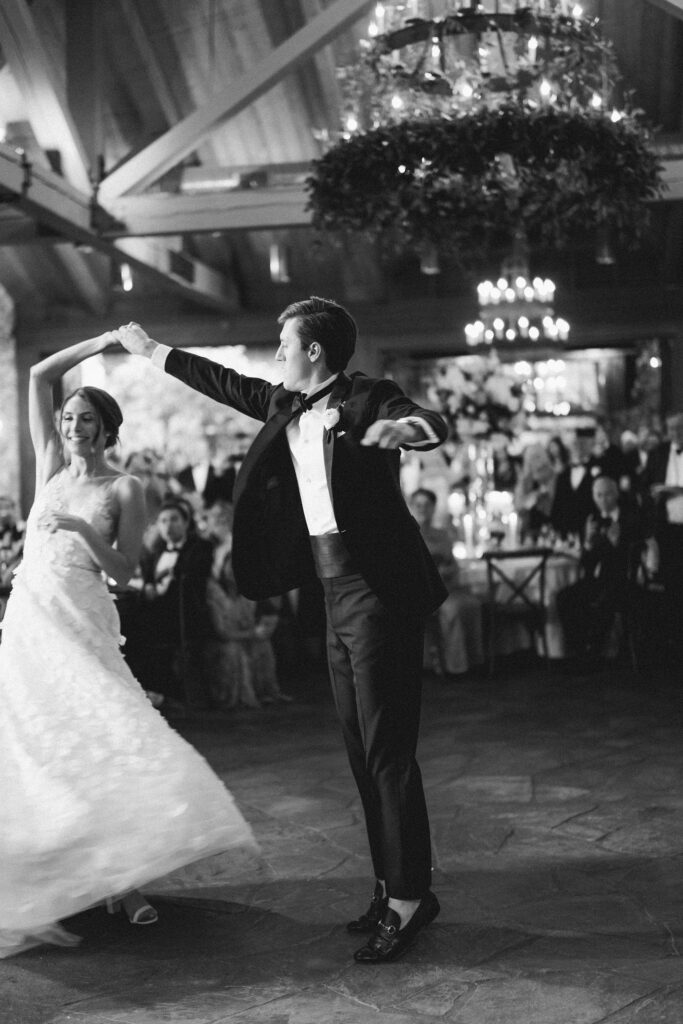 candid photo of a bride and groom dancing at their reception during their old edwards inn wedding