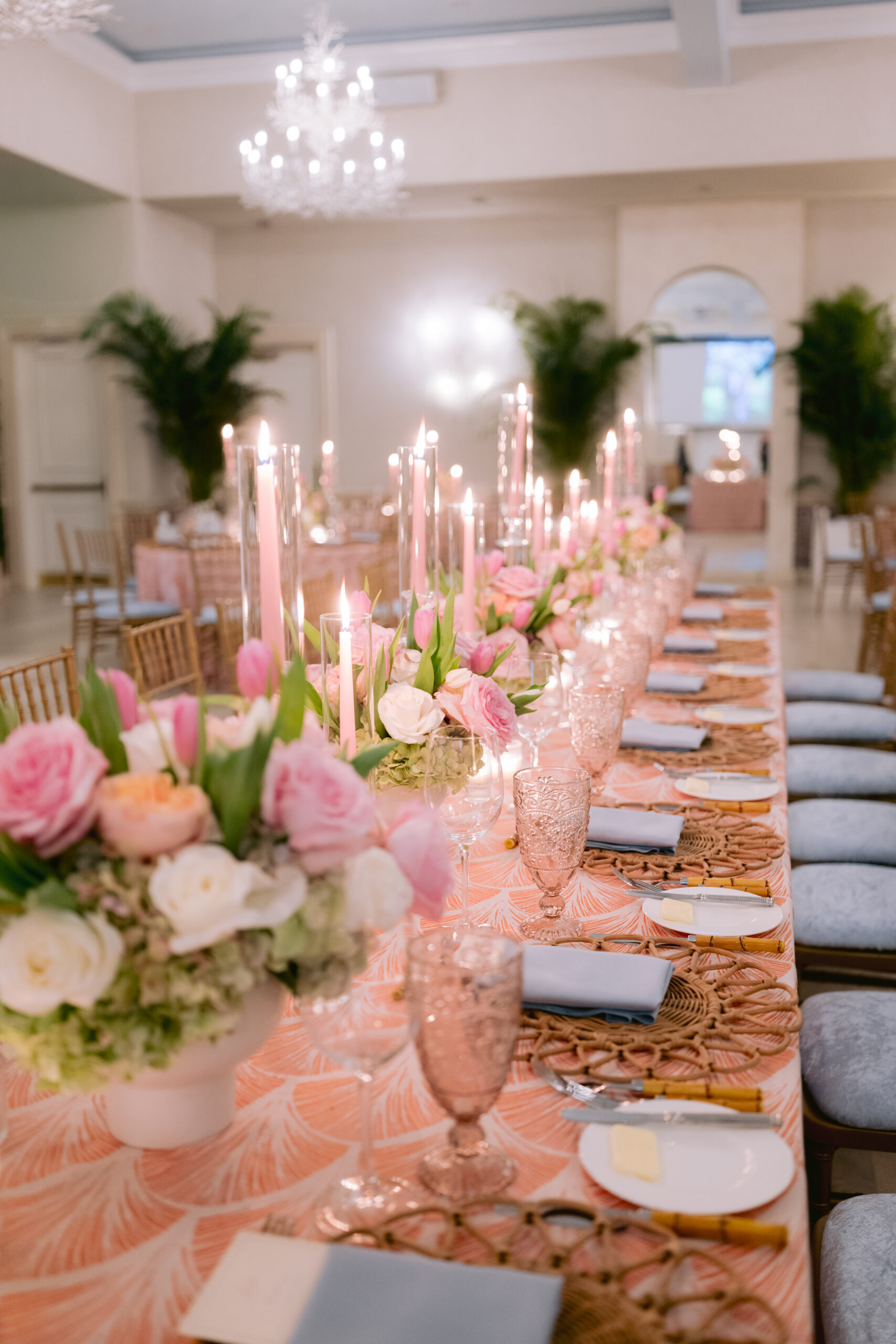 close up of a long table set up for a rehearsel dinner at one of the most iconic wedding venues in palm beach, fl, the colony hotel