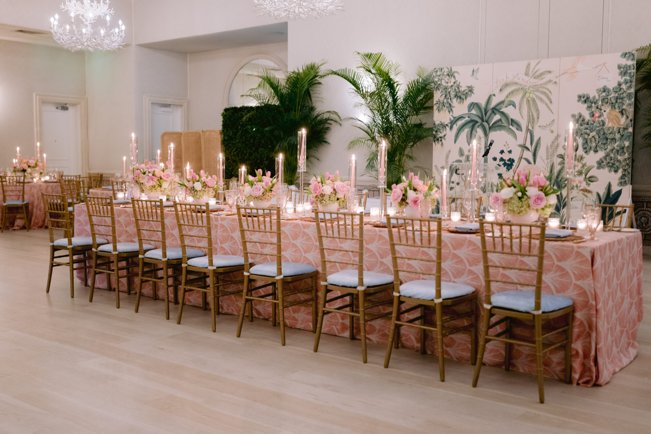 long table setting for a rehearsal dinner at the colony hotel, palm beach, fl