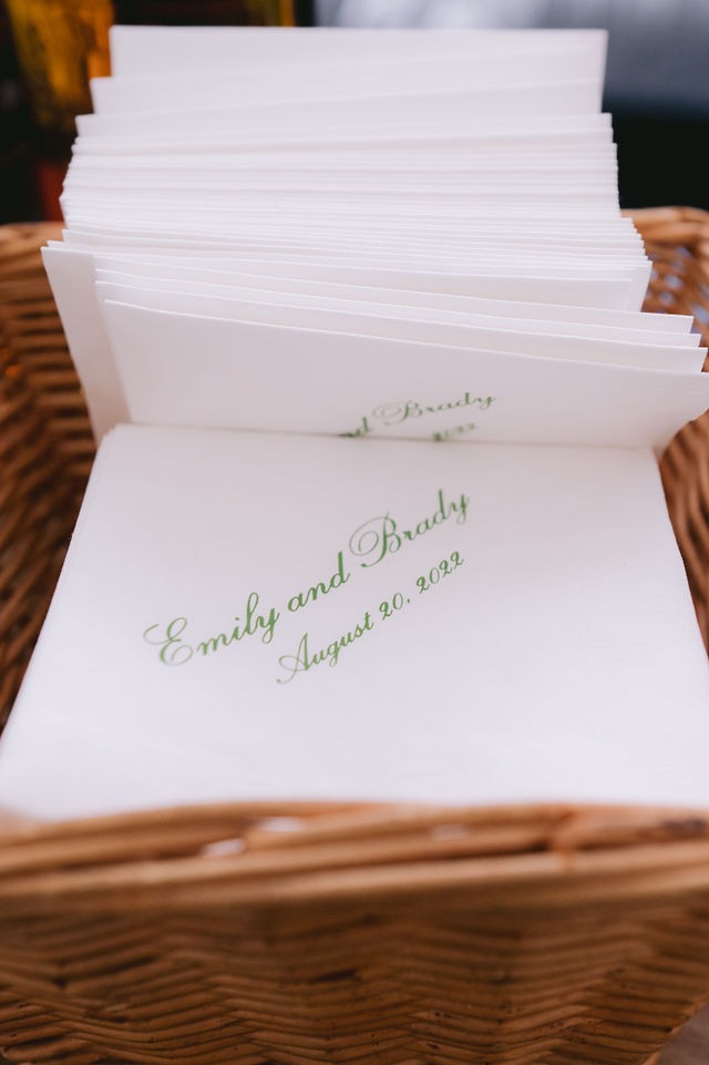 closeup of personalized napkins for a wedding at a highlands venue