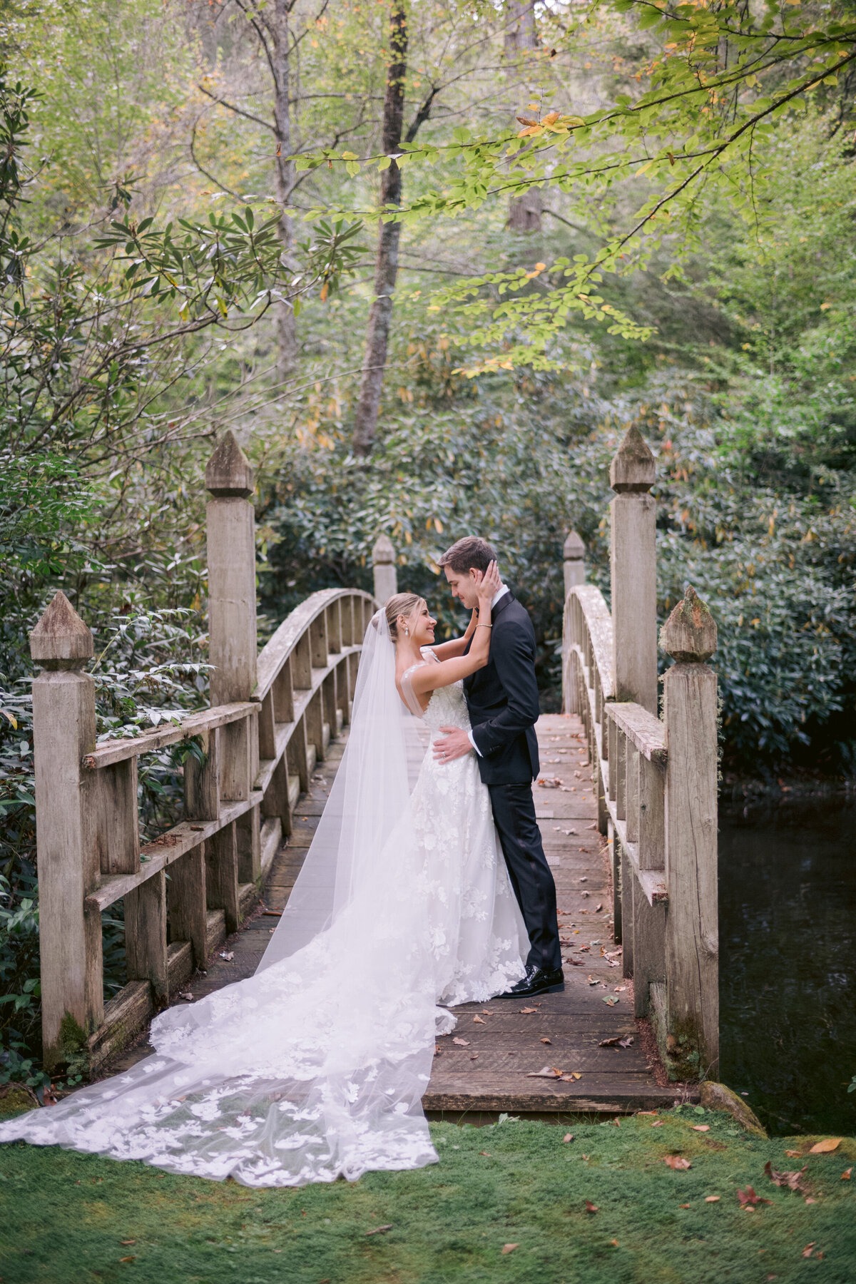 Bride and groom embracing on a wooden bridge surrounded by trees and greenery.