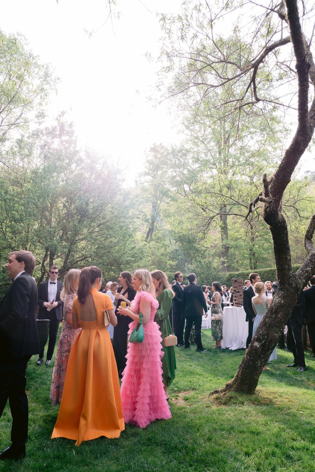 Wedding guests mingling outdoors beneath the trees during cocktail hour.