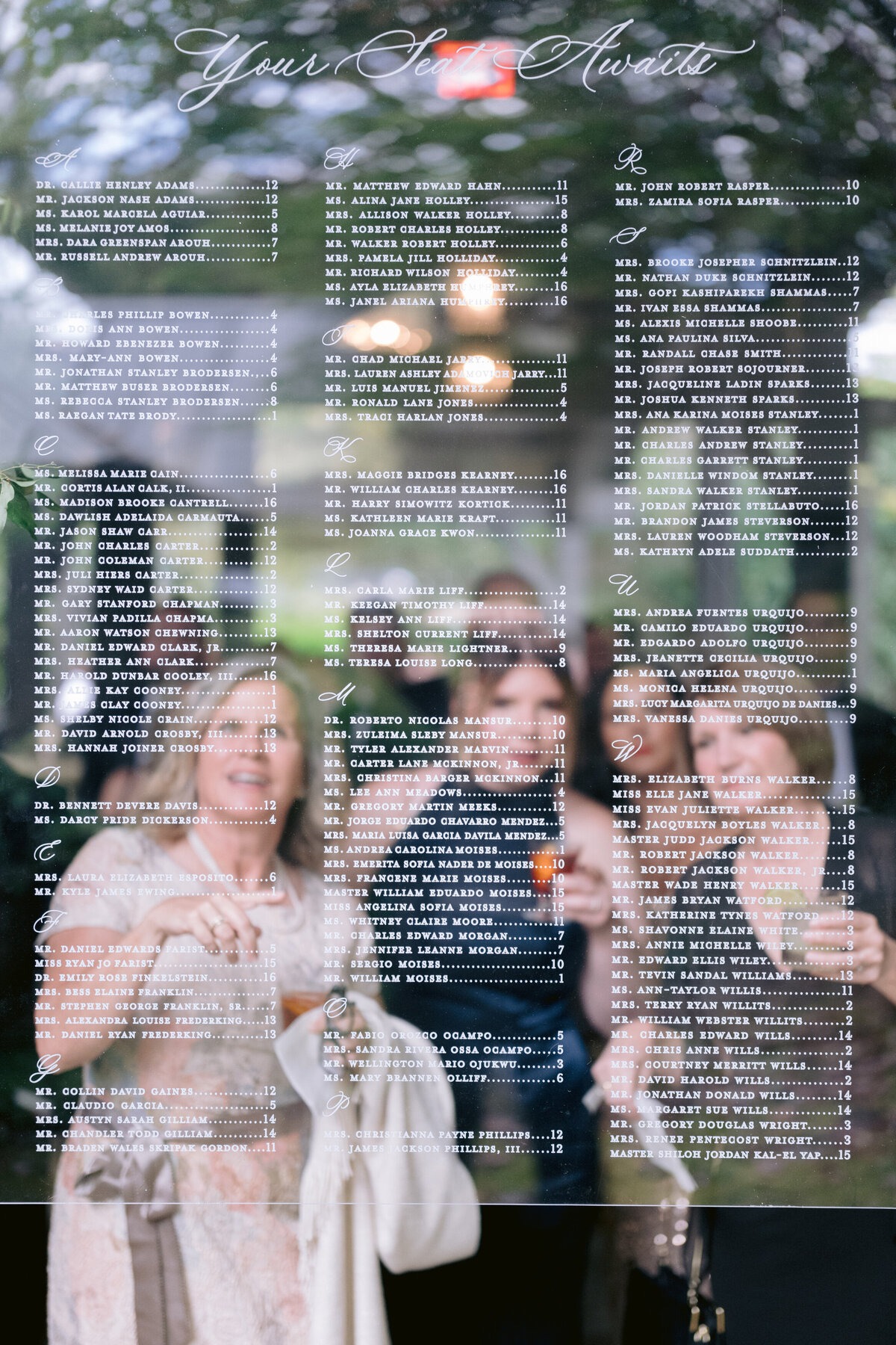 Wedding seating chart displayed on a reflective surface with guests visible behind it.